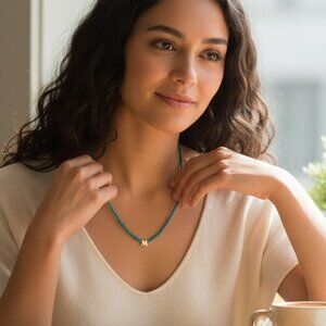 BaubleBar Turquoise Beaded Necklace with M initial